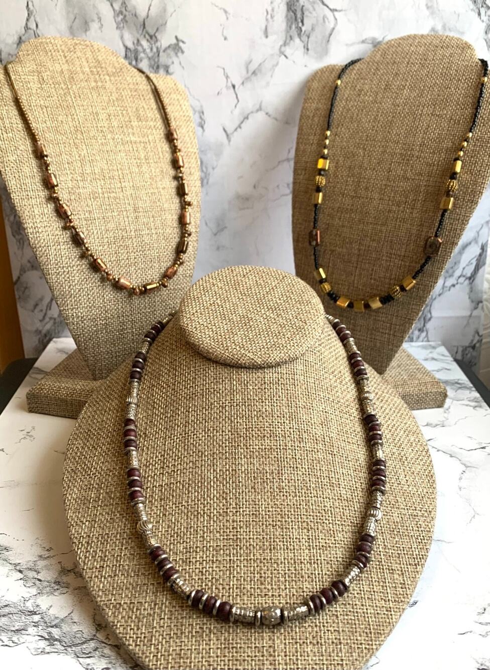 Vintage Metallic Bead Necklace Stack Set of 3 Boho Chic 16"-18"
